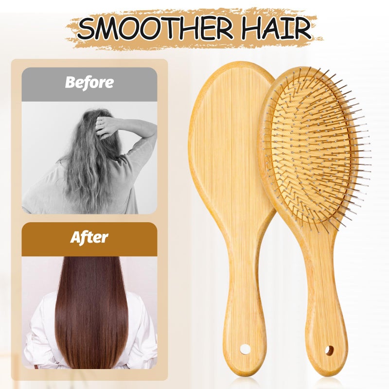 Exclaith 6pcs Bamboo Hair Brush with Steel Bristles for Women Wooden Paddle Hairbrush for Anti-Static Detangling & Scalp Massage Wooden Handle Brush for All Hair Types - Image 3